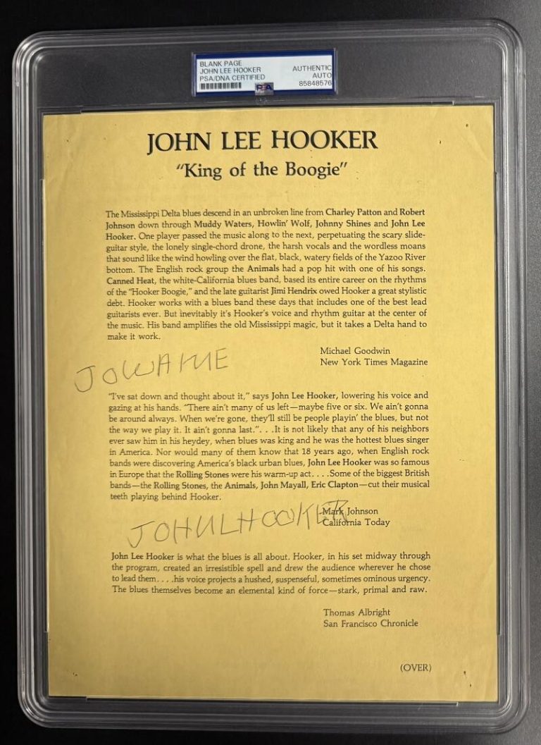 John Lee Hooker Twice Signed Autograph PSA/DNA Bio Page - Delta Blues Originator