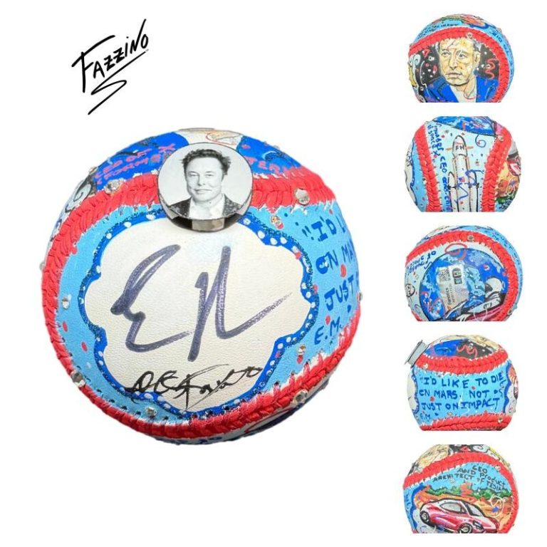 Elon Musk Signed Autograph Baseball w/ Charles Fazzino Original Art 1/1 PSA COA