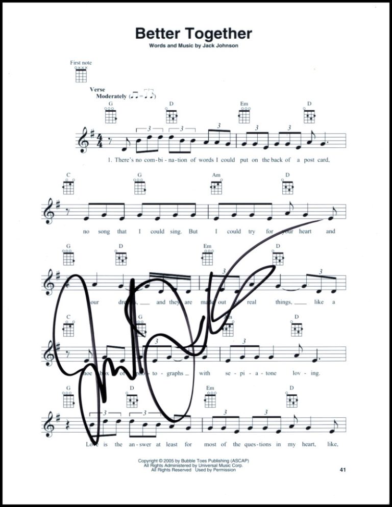 Jack Johnson Signed Autograph Better Together Sheet Music - In Between Dreams