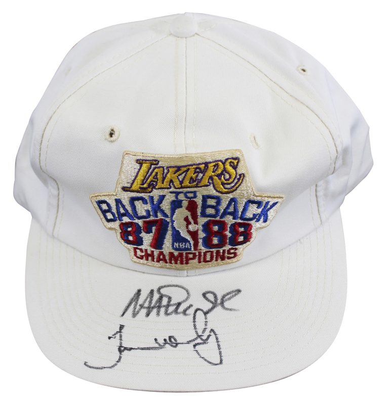 Lakers Magic Johnson & James Worthy Signed 1987-88 NBA Champs Hat BAS W #W426875