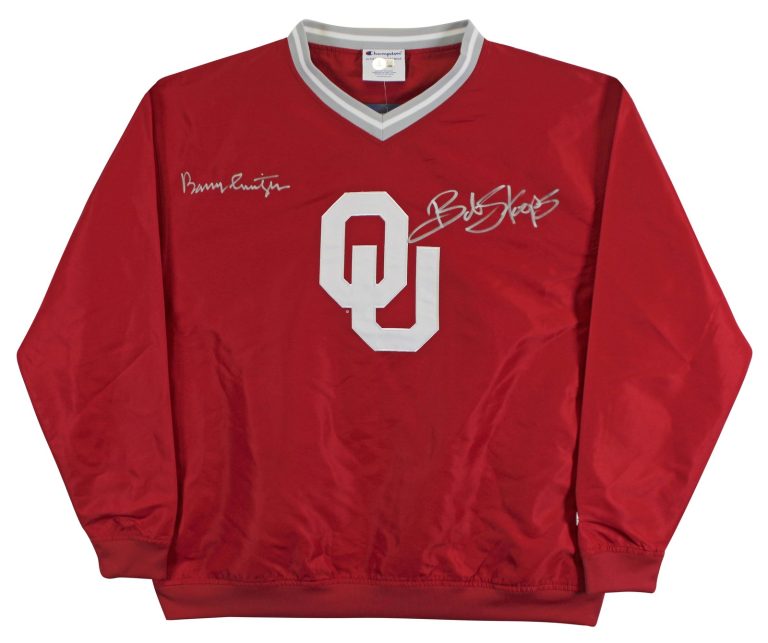 OU Bob Stoops & Barry Switzer Signed Maroon Champion Pullover Jacket BAS Witness