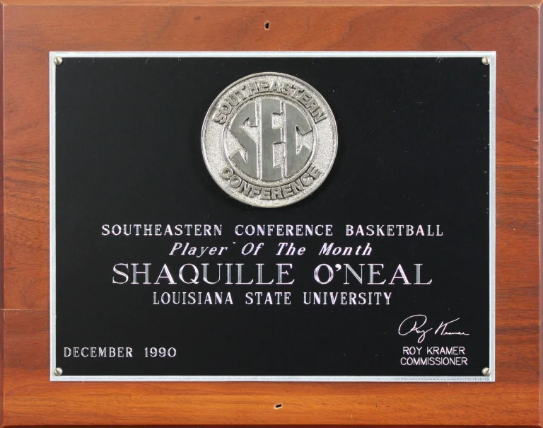 Shaquille O'Neal December 1990 SEC Player of the Month Plaque Un-signed