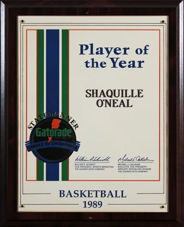 Shaquille O'Neal 1989 Gatorade Texas State High School Player of the Year Plaque