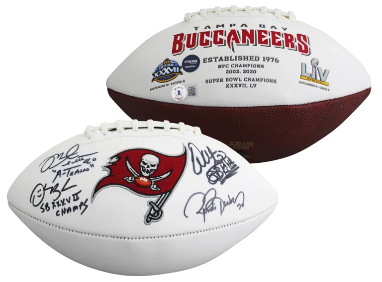 Bucs (4) Sapp, Barber, Alstott & Brooks Signed White Panel Logo Football BAS Wit