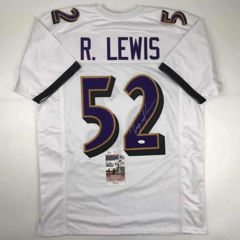Autographed/Signed RAY LEWIS Baltimore White Football Jersey JSA COA Auto