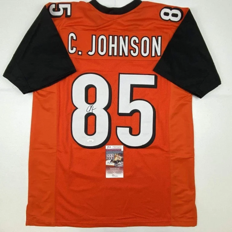 Autographed/Signed CHAD JOHNSON Cincinnati Orange Football Jersey JSA COA Auto