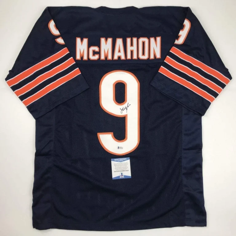 Autographed/Signed JIM MCMAHON Chicago Blue Football Jersey Beckett BAS COA Auto