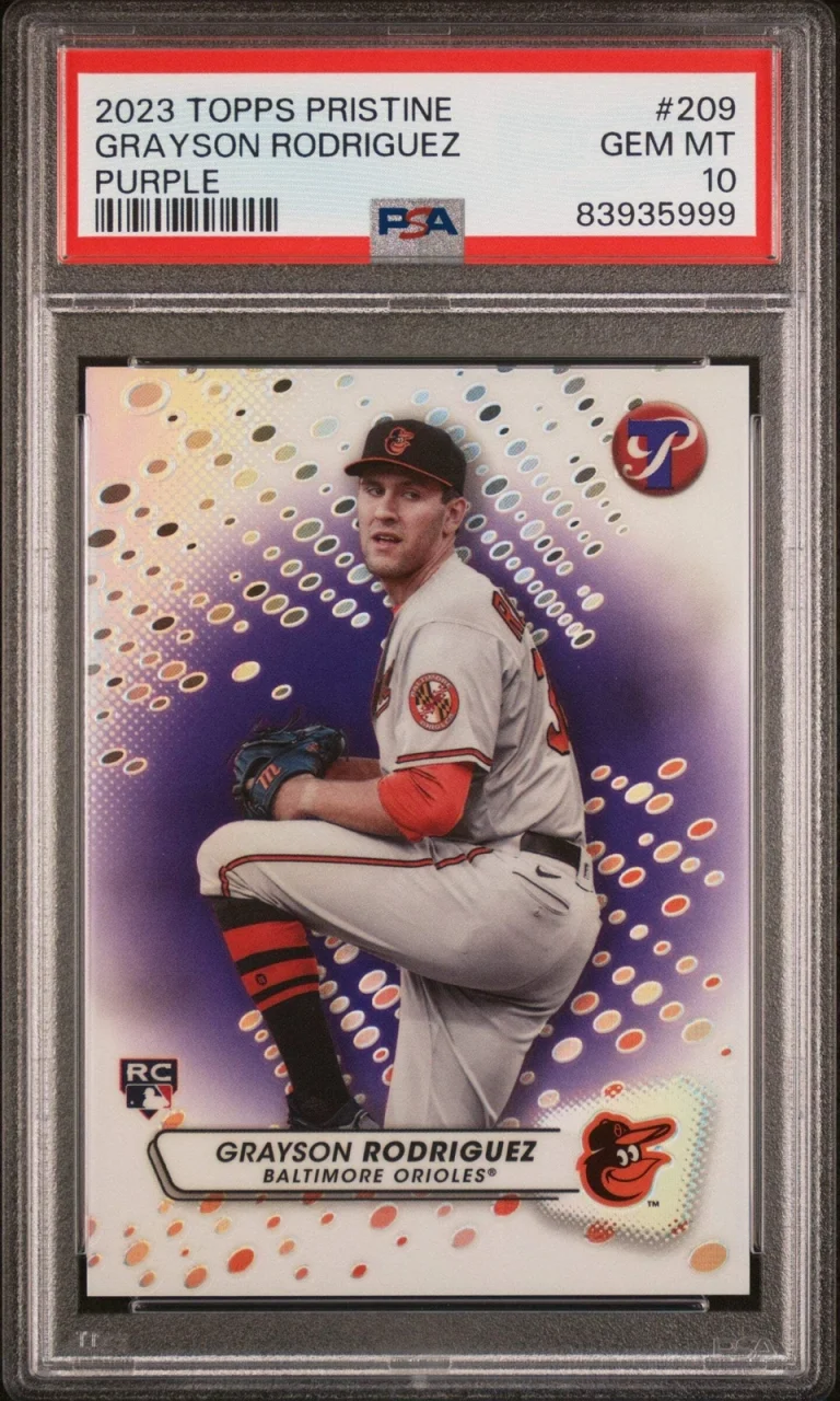 Graded 2023 Pristine Grayson Rodriguez #209 Purple #/99 RC Baseball Card PSA 10