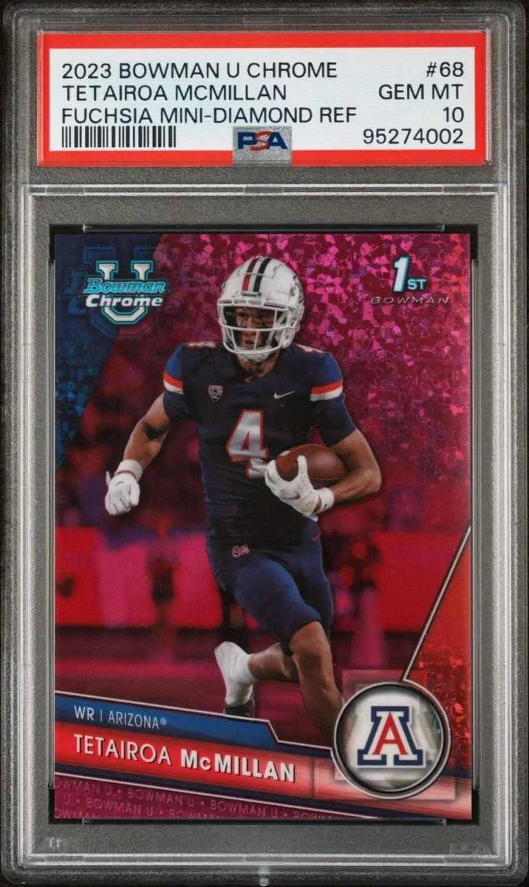 Graded 2023 Bowman Tetairoa McMillan #68 Fuchsia Ref #/150 Football Card PSA 10