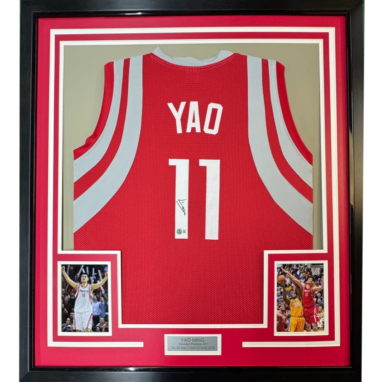 Framed Autographed/Signed Yao Ming 35x39 Houston Red Basketball Jersey BAS COA