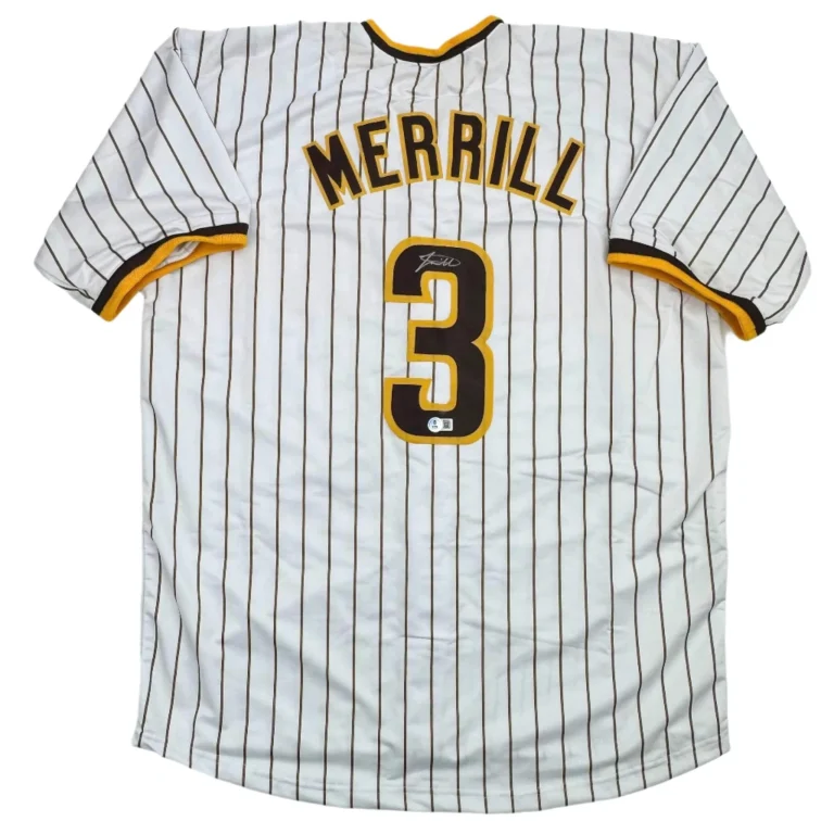 Autographed/Signed Jackson Merrill San Diego Pinstripe Baseball Jersey BAS COA