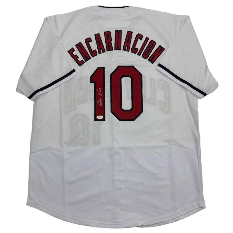 Autographed/Signed Edwin Encarnacion Cleveland White Baseball Jersey JSA COA