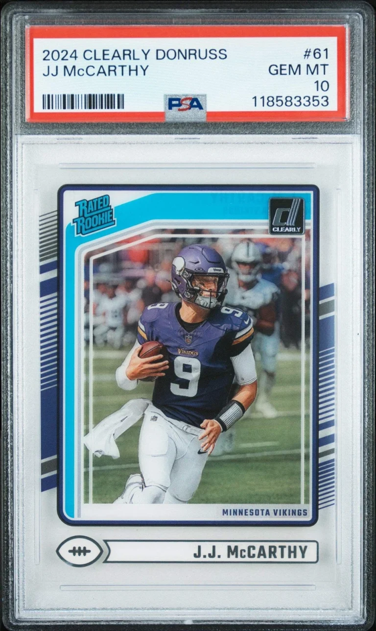 Graded 2024 Panini Clearly Donruss JJ McCarthy #61 Rookie Football Card PSA 10