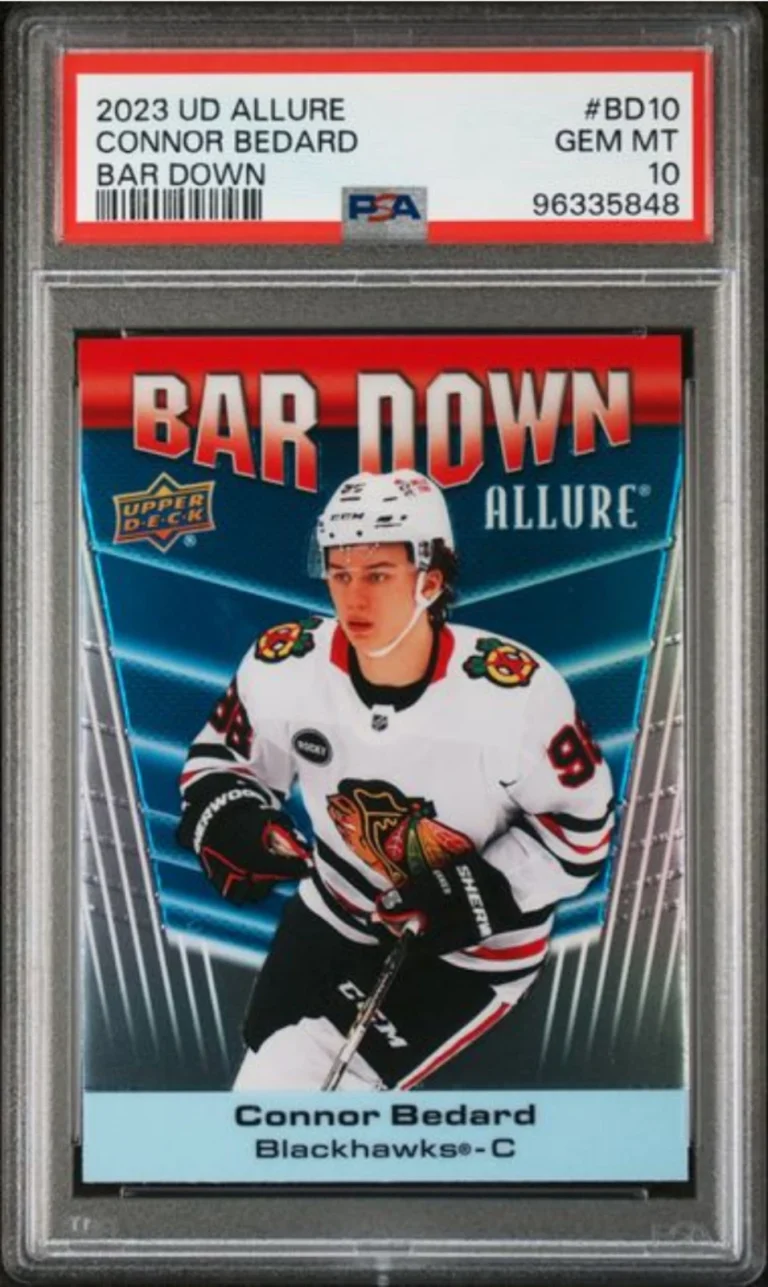 Graded 2023 Upper Deck Allure Connor Bedard #BD10 Bar Down Rookie RC Card PSA 10