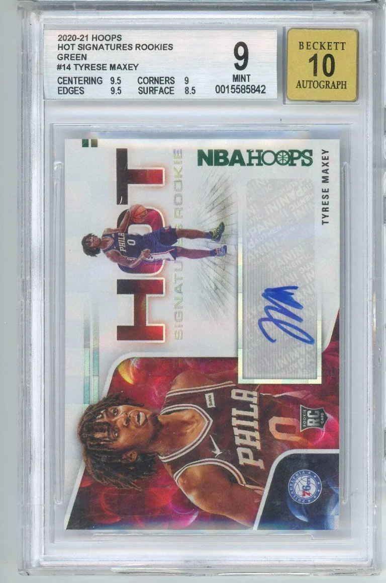 2020 Panini Hoops Tyrese Maxey #HR-TMA Hot Sigs Green Auto Rookie Card BGS 10