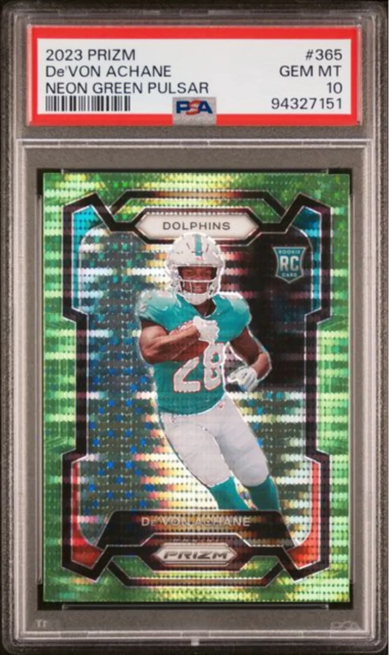 Graded 2023 Panini Prizm Devon Achane #365 Neon Green Pulsar Rookie Card PSA 10