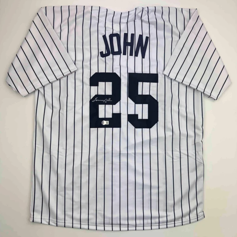 Autographed/Signed Tommy John New York Pinstripe Baseball Jersey Beckett BAS COA