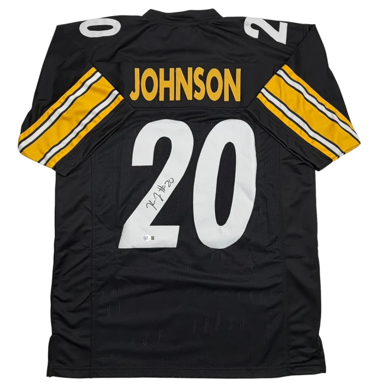 Autographed/Signed Kaleb Johnson Pittsburgh Black Football Jersey Beckett COA