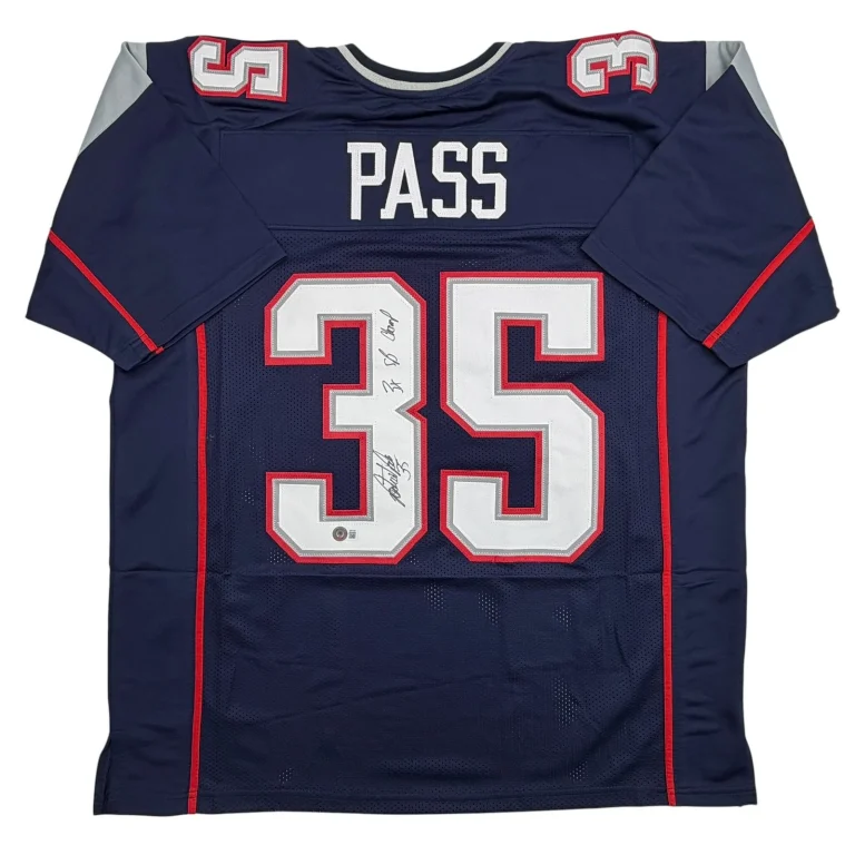 Autographed/Signed Patrick Pass 3x SB Champ New England Blue Jersey Beckett COA