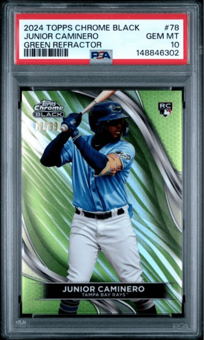 Graded 2024 Topps Chrome Black Junior Jaminero #78 Green /99 Rookie Card PSA 10