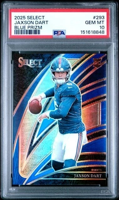Graded 2025 Panini Select Jaxson Dart #293 /99 Blue Prizm RC PSA 10
