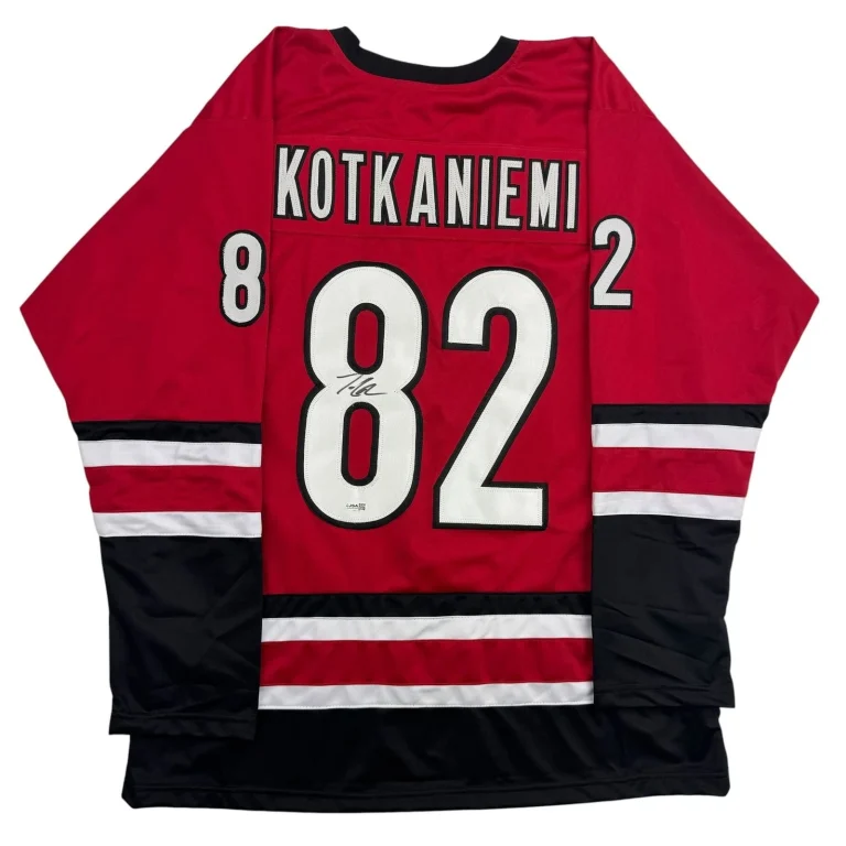 Autographed/Signed Jesperi Kotkaniemi Carolina Red Hockey Jersey BAS COA