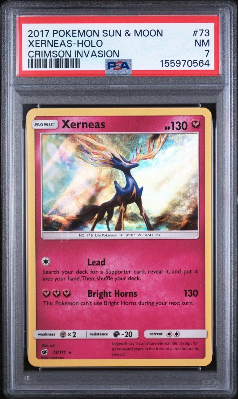 Graded 2017 Pokemon Sun & Moon Crimson Invasion Xerneas-Holo #73 Card PSA 7