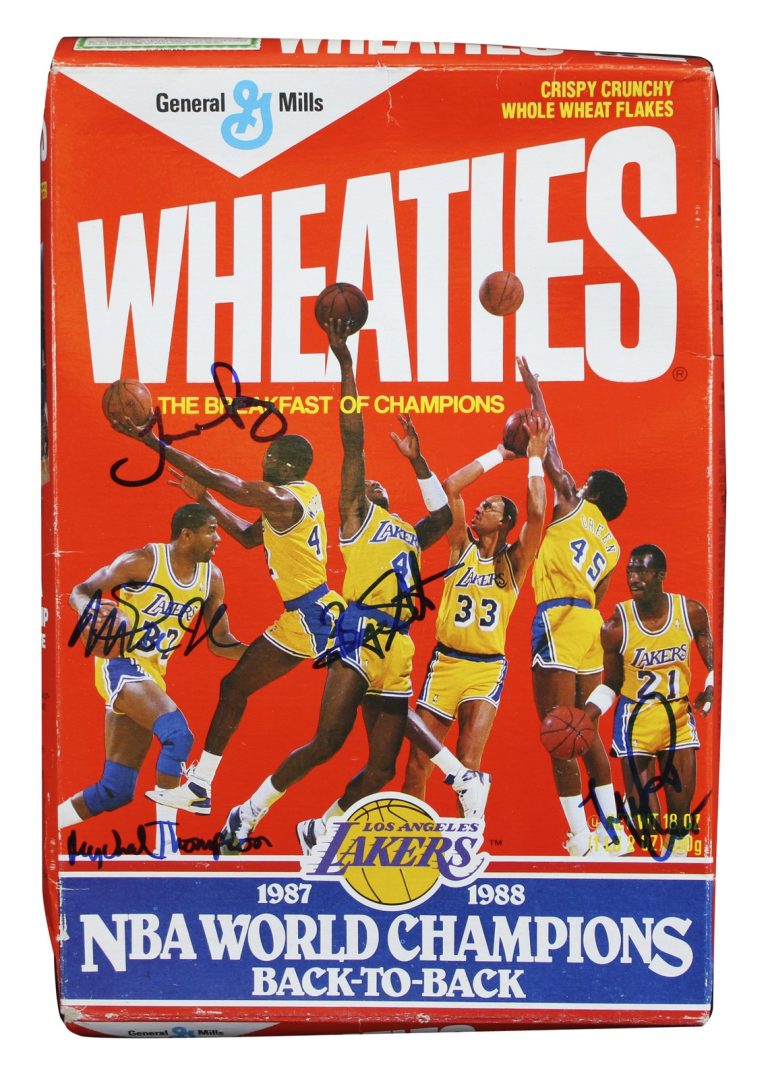 Showtime Lakers (5) Johnson, Worthy, Thompson +2 Signed 1987-88 Wheaties Box BAS