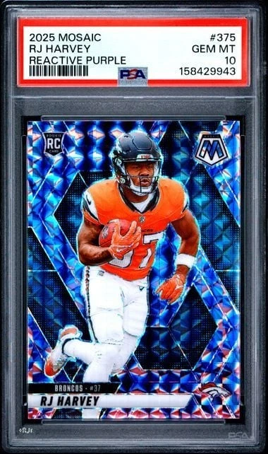 Graded 2025 Panini Mosaic RJ Harvey #375 Reactive Purple RC PSA 10 Gem Mint