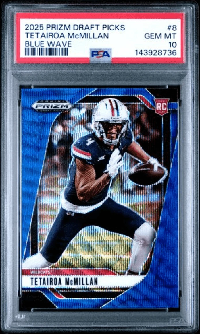 Graded 2025 Prizm DP Tetairoa McMillan #8 Blue Wave /299 Rookie Card PSA 10
