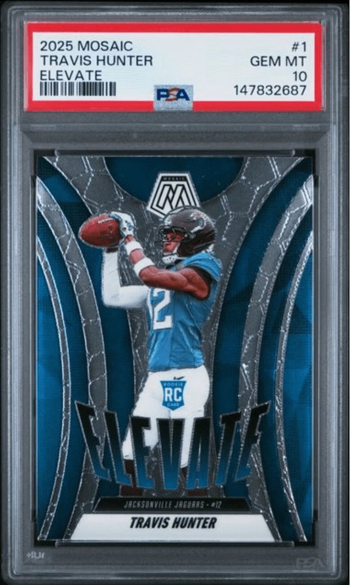 Graded 2025 Panini Mosaic Travis Hunter #1 Elevate RC Football Card PSA 10