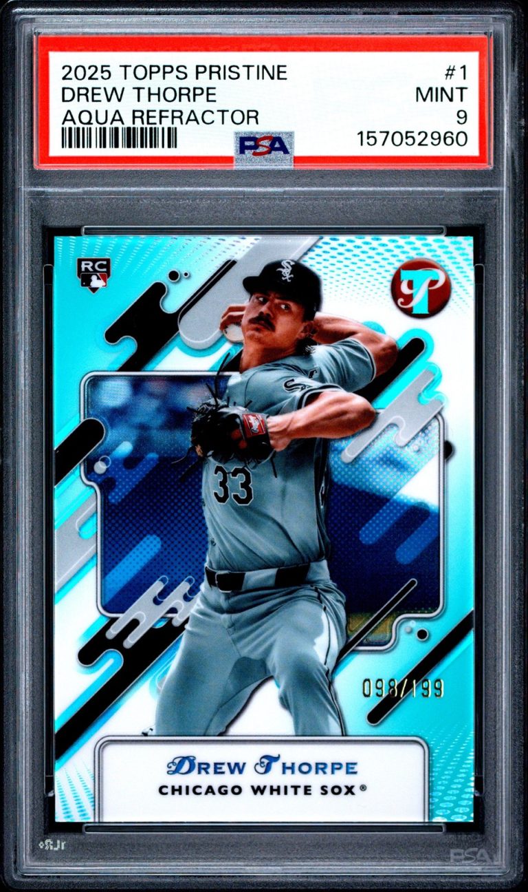 Graded 2025 Topps Pristine Drew Thorpe #1 Aqua Refractor /199 RC Card PSA 9