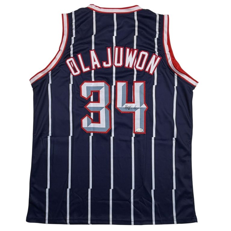 Autographed/Signed Hakeem Olajuwon Houston Blue Basketball Jersey JSA COA