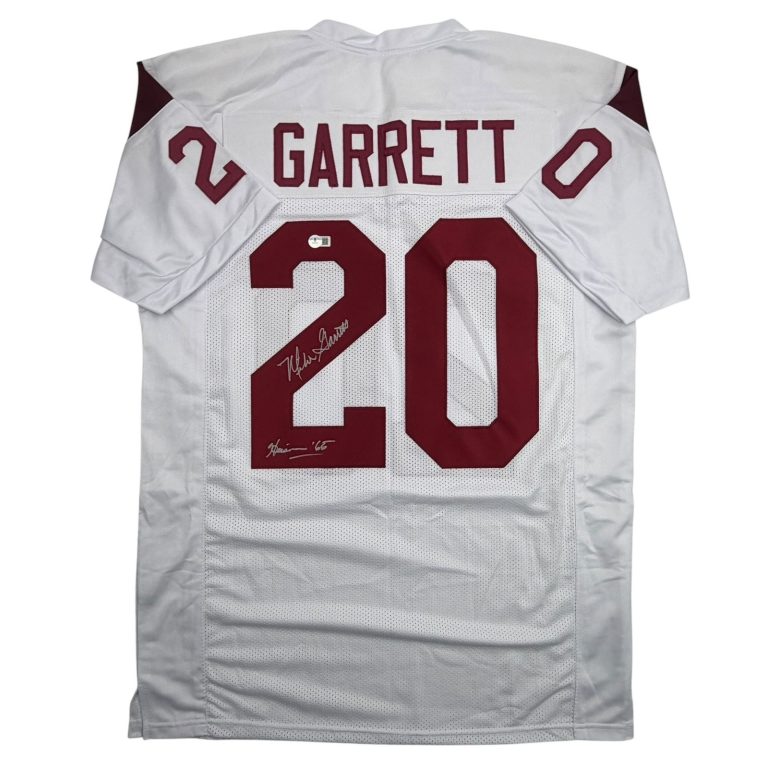 Autographed/Signed Mike Garrett HT 65 USC White College Jersey Beckett COA