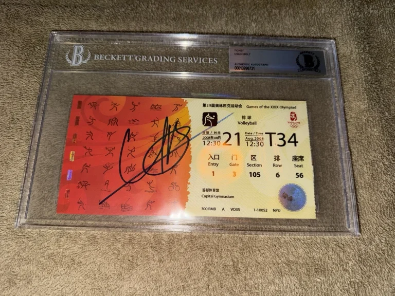 Usain Bolt Signed Official Beijing 2008 Olympic Ticket Gold Medal Beckett Slab