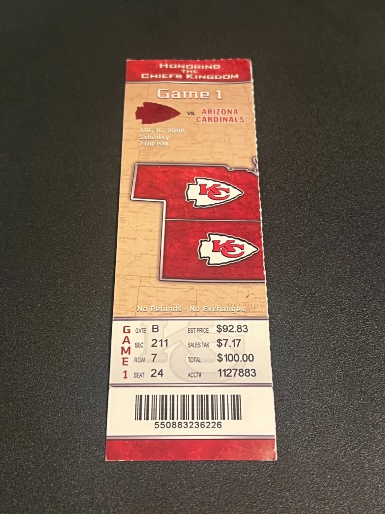 FOOTBALL TICKET STUB ARROWHEAD KANSAS CITY CHIEFS 2008 ARIZONA CARDINALS 8/16