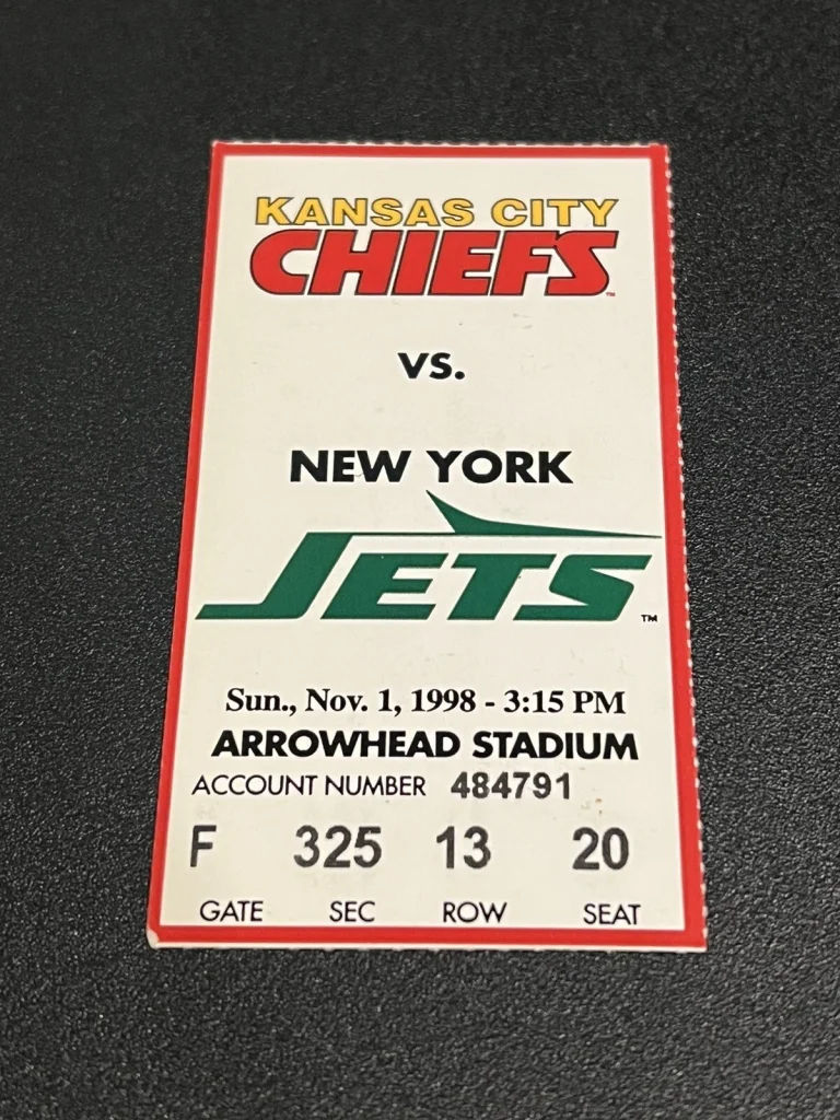 FOOTBALL TICKET STUB ARROWHEAD KANSAS CITY CHIEFS NEW YORK JETS 11/1 1998