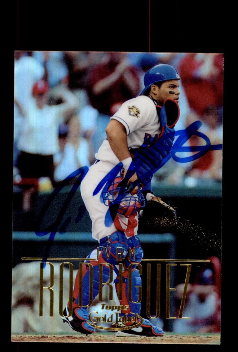 Signed Baseball Card Auto Ivan Rodriguez 2002 Topps Gold Label #53 Texas Rangers