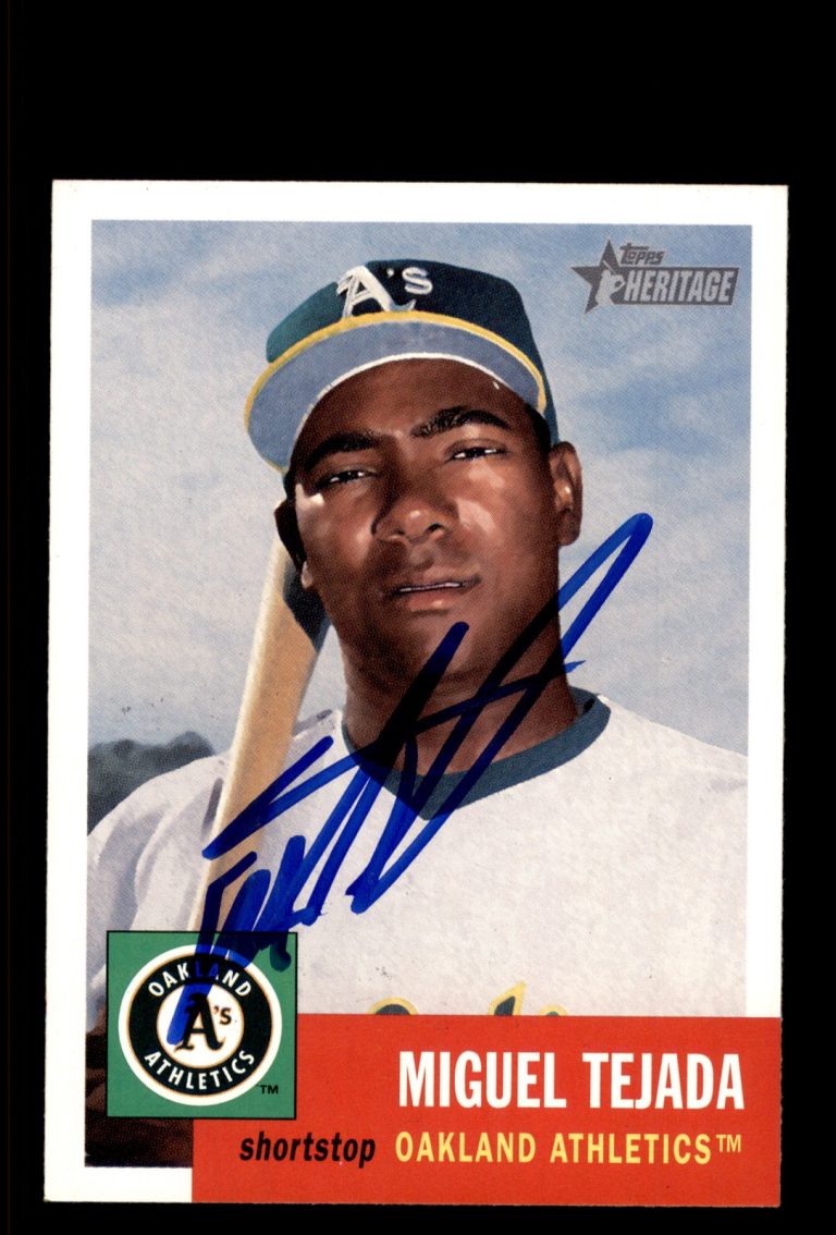 Signed Baseball Card Auto Miguel Tejada 2002 Topps Heritage #68 Oakland A's