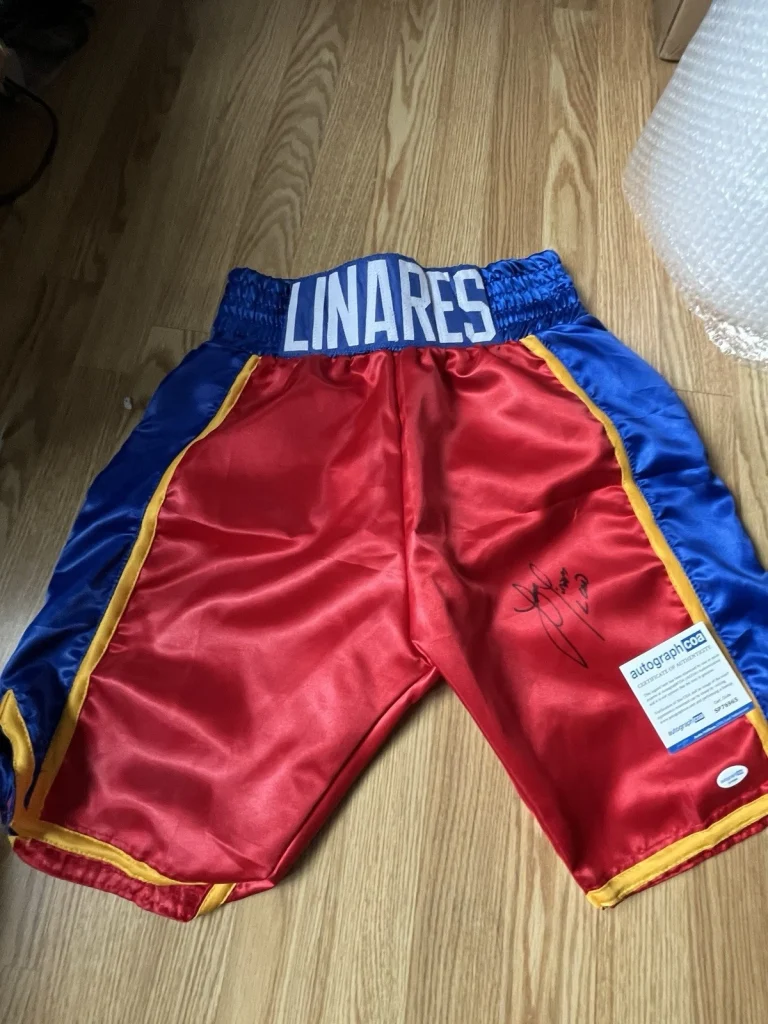 BOXING CHAMPION JORGE LINARES SIGNED AUTOGRAPHED BOXING TRUNKS SHORTS ACOA COA