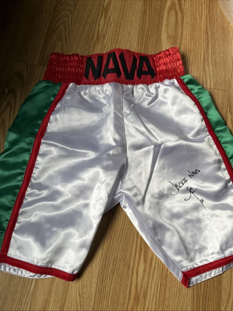 BOXING CHAMPION JACKIE NAVA SIGNED AUTOGRAPHED BOXING TRUNKS SHORTS HOF 26 ACOA