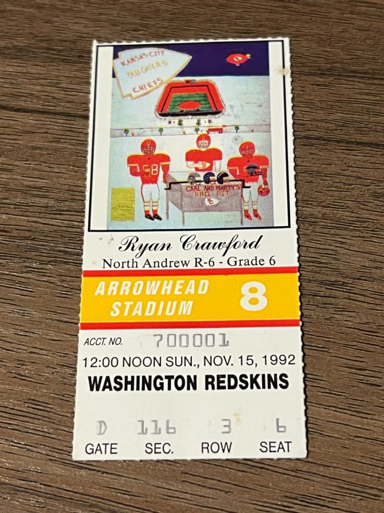 VTG FOOTBALL TICKET KANSAS CITY CHIEFS WASHINGTON REDSKINS 11/15 1992