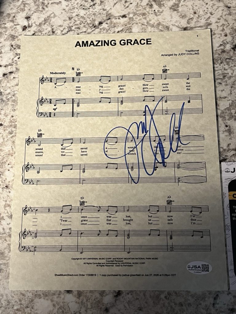 Judy Collins AMAZING GRACE AUTOGRAPH Signed LYRIC SHEET MUSIC JSA CERTIFIED