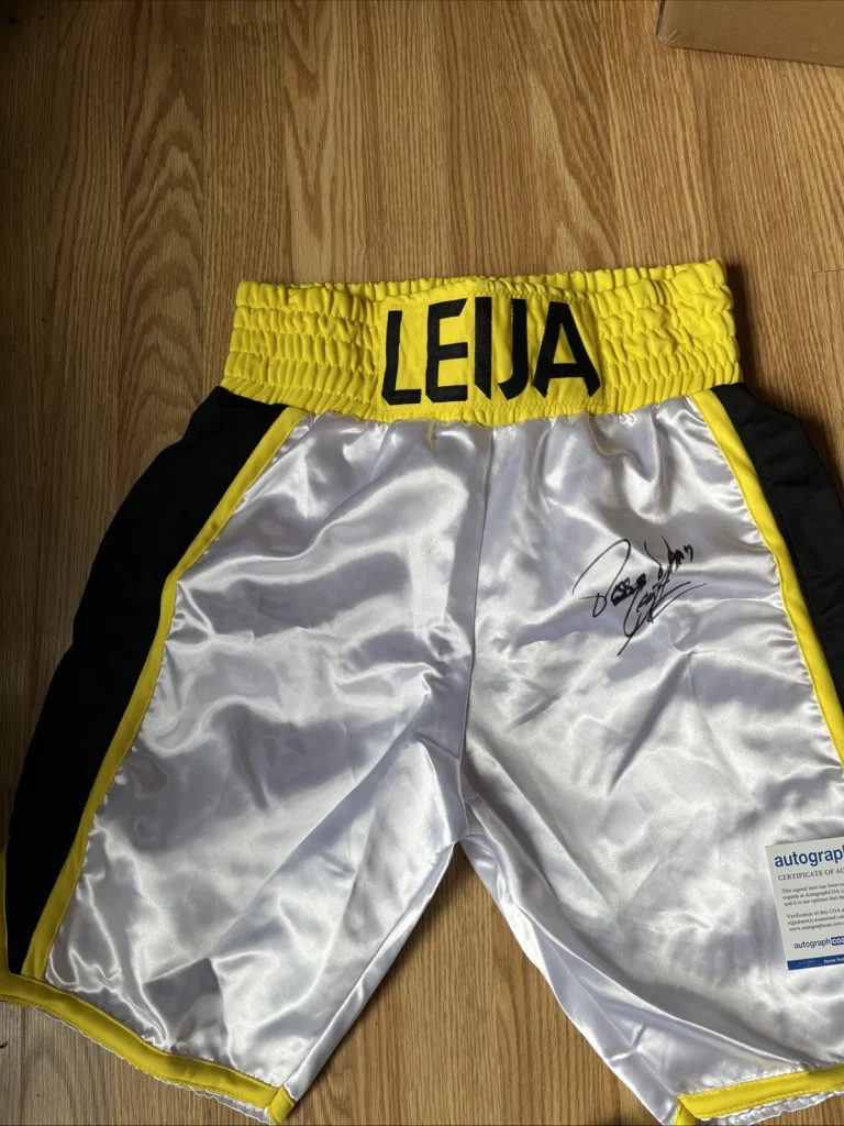 BOXING CHAMPION JESSE JAMES LEIJA SIGNED AUTOGRAPHED BOXING TRUNKS SHORTS ACOA