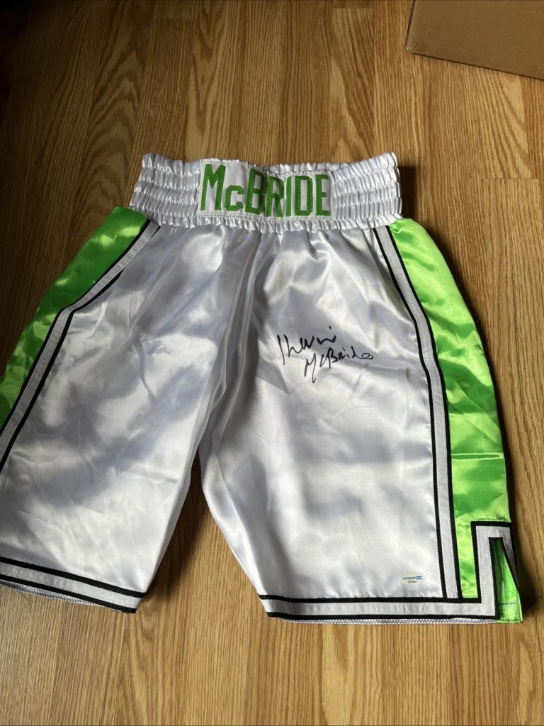 KEVIN MCBRIDE SIGNED AUTOGRAPHED BOXING TRUNKS SHORTS KO MIKE TYSON ACOA COA