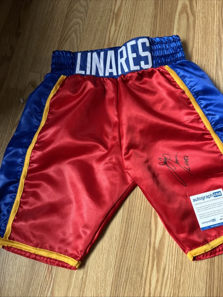 BOXING CHAMPION JORGE LINARES SIGNED AUTOGRAPHED BOXING TRUNKS SHORTS ACOA COA