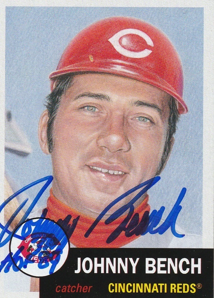 JOHNNY BENCH CINCINNATI REDS HOF 89  SIGNED TOPPS LIVING SET #373