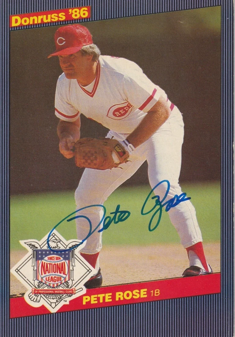 PETE ROSE CINCINNATI REDS  SIGNED 1986 DONRUSS ACTION ALL STAR CARD #34