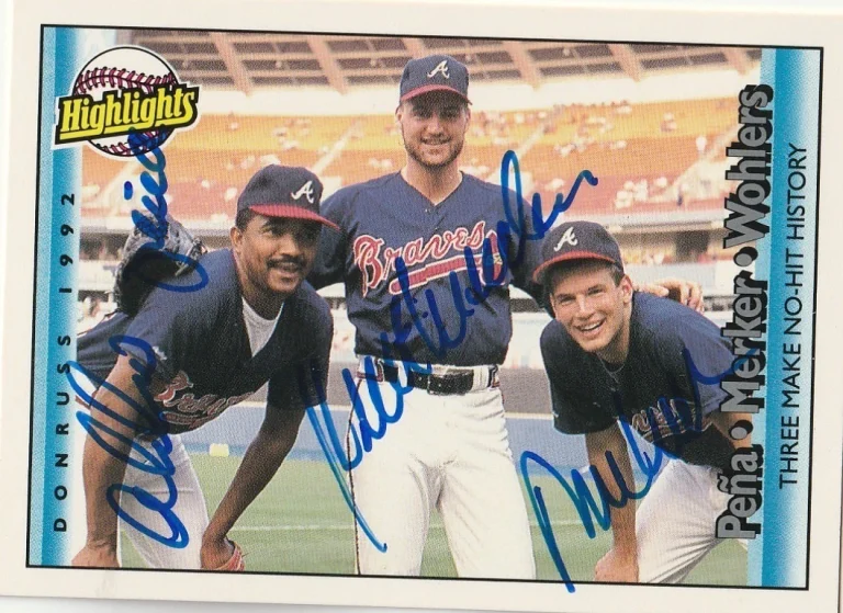 PENA, MERCKER, WOHLERS ATLANTA BRAVES NO HITTER  SIGNED 1992 DONRUSS CARD #616
