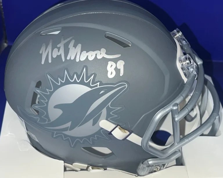 NAT MOORE MIAMI DOLPHINS BECKETT AUTHENTICATED SIGNED SLATE MINI HELMET